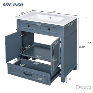 30'' Bathroom Vanity with Ceramic Sink,Solid Wood Frame Bathroom Storage Cabinet with Soft Closing Doors,Retro Style, Blue Dweva