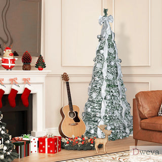 6FT Flocked Pop-Up Christmas Tree with 150 Warm White UL Lights – Pre-Decorated with Ornaments, Snowflakes, Ribbons & Large Bow – Easy Assembly & Space-Saving Holiday Décor Dweva