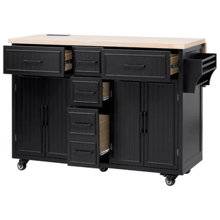K&K 56.5'' Kitchen Island with Drop Leaf, Power Outlet, Embossed Vertical Stripe Rolling Kitchen Cart on Wheels with 4 Doors , 5 Deep Drawers and Adjustable Shelves, for Kitchen, Dining Room, Black Dweva