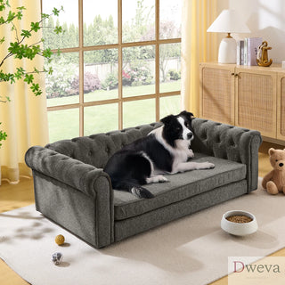 Elegant rectangular pet bed for big and oversized dogs, durable elevated dog sofa bed, comfortable dog sofa, modern and fashionable linen fabric dog sofa-DARK GREY Dweva