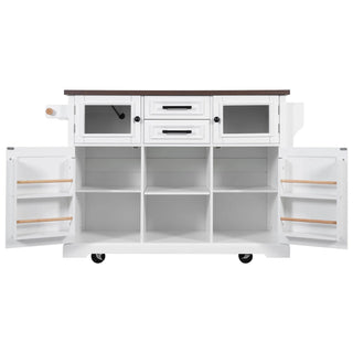 K&K 54.9" Kitchen Island with Drop Leaf, Power Outlet, Kitchen Storage Cart with 4 Door Shelves, Cross Barn Doors & Visual Glass Door, Rolling Kitchen Island on 4 Wheels for Kitchen, Dining Room,White Dweva