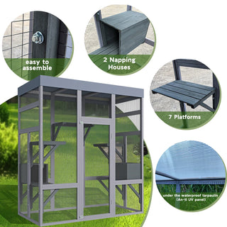 62.6" Wooden Outdoor Catio for Cats, Large Cat Enclosure with Waterproof Roof, 2 Napping House, Platforms & Rust-Proof Wire – Secure Pet Cage for Backyard or Patio Dweva