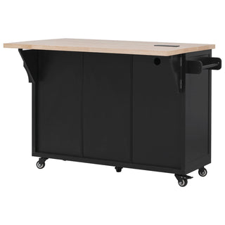 K&K 56.5'' Kitchen Island with Drop Leaf, Power Outlet, Embossed Vertical Stripe Rolling Kitchen Cart on Wheels with 4 Doors , 5 Deep Drawers and Adjustable Shelves, for Kitchen, Dining Room, Black Dweva