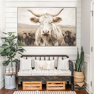 White Highland Cow Canvas Wall Art - Modern Minimalist Animal Art Print for Living Room Bedroom Decor, Framed in Solid Wood, Nature Inspired Wall Decordecorative picture Oil painting Dweva