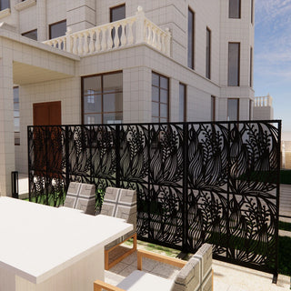 Metal Privacy Screens W3.8Ft X H6Ft Outdoor and Indoor Divider with Free Standing Decorative Privacy Screen for Balcony Patio Garden Room Divider, Black Leaf Shape Dweva