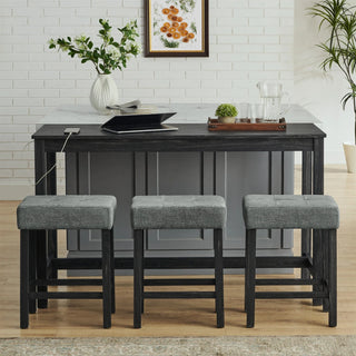 59 Inch Bar Table, Dining Table, Sofa Table with Power Outlet, 3 Upholstered Stools, 4 Piece Bar Table and Chair Set for Living Room, Dining Room, Kitchen Dweva