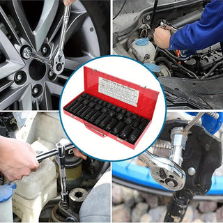 35pcs 1/2" lmpact Socket Set Cr-V Steel Drive Deep 6Point Socket Tool Set 8-32mm Metric Socket WrenchSet with Size Marking for Automotive Repair High Torque Dweva