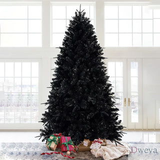 6ft Black Christmas Tree with 350 White LED Lights, 1460 Tips PE+PVC Artificial Tree for Halloween & Holiday Decor, Hinged Structure with Stable Metal Stand Dweva