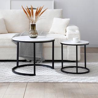 Set 2 Coffee Table Nesting White and gray top Black Frame Circular Round and Marble Pattern Wooden Tables, Living Room Bedroom Apartment Modern Industrial Simple Nightstand Dweva