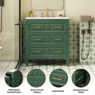 30'' Bathroom Vanity with Ceramic Sink Combo, Free Standing Single Vanity Set with 3 Drawers, Solid Wood Frame Bathroom Storage Cabinet, Green Dweva