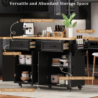 K&K 56.5'' Kitchen Island with Drop Leaf, Power Outlet, Embossed Vertical Stripe Rolling Kitchen Cart on Wheels with 4 Doors , 5 Deep Drawers and Adjustable Shelves, for Kitchen, Dining Room, Black Dweva