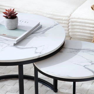 Set 2 Coffee Table Nesting White and gray top Black Frame Circular Round and Marble Pattern Wooden Tables, Living Room Bedroom Apartment Modern Industrial Simple Nightstand Dweva