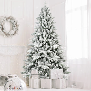 7ft Flocked Christmas Tree with 1514 Tips, Realistic PE+PVC Snowy Hinged Tree with Metal Stand, Full Artificial Xmas Tree for Holiday Decoration Dweva