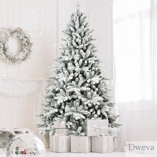 6ft Flocked Christmas Tree with 1100 Tips, Realistic PE+PVC Snowy Hinged Tree with Metal Stand, Full Artificial Xmas Tree for Holiday Decoration Dweva