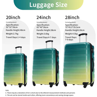 Hardshell Luggage Sets 3 Piece Gradient Color Expandable Suitcase with Spinner Wheels and TSA Lock Lightweight 20" 24" 28" Available,Green+Yellow Dweva