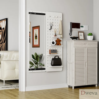 Wall Mounted Full Length Mirror, Full Body Mirror with Shelf, Full Body Mirror with Hook Wall Mounted Mirror with Multifunctional Design Panel, Bedroom/Living Room/Entrance White(47.6*15.7in) Dweva