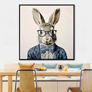 Gallery Wrapped Canvas Wall Art - Dapper Bunny in Tailored Cobalt Blue Suit, Modern Animal Portrait Framed Print for Lounge/Office Decor decorative picture painting Dweva