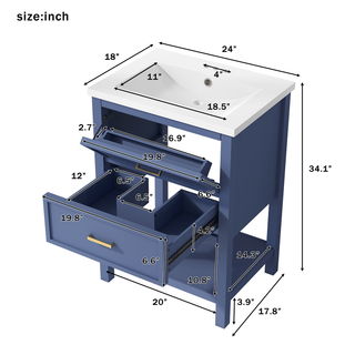 24'' Bathroom Vanity with Top Sink, Modern Bathroom Storage Cabinet with 2 Drawers, Single Sink Bathroom Vanity Dweva
