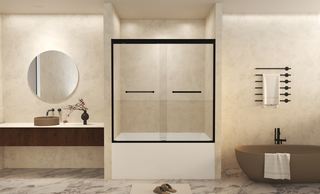 56-60" W × 60" H Tempered Glass with Explosion Proof Film, Aluminum Frame Double Sliding Shower Door, "1/4 (6 mm), Stainless Steel handle, Matte Black Dweva