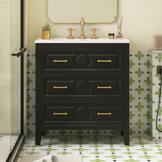 30'' Bathroom Vanity with Ceramic Sink Combo, Free Standing Single Vanity Set with 3 Drawers, Solid Wood Frame Bathroom Storage Cabinet, Black Dweva