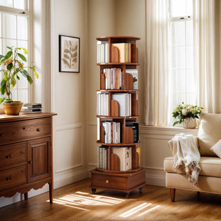 (UPGRADED) Rotating Bookshelf, 360 Display Corner Bookshelf for Small Space, 6 Tier Bookcase Storage Rack with Wheels, Wood Narrow Organizer for Bedroom, Living Room, Study Room, Walnut Brown, Shelves Dweva