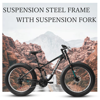 A26309 26 inch Mountain Bike,Full-Suspension 21 Speeds Drivetrain with Disc-Brake MTB Bicycle, 26*4" Fat tire Bike for Men Dweva