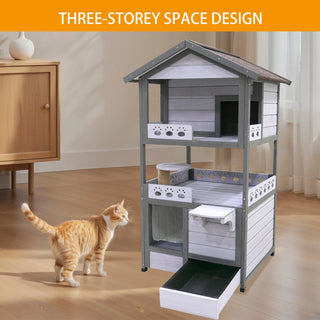 Three Story Outdoor Cat House with Balcony, Large Feral Villa Cat Shelter Weatherproof, 3 Story Outside Cat House for Multiple Cats Dweva
