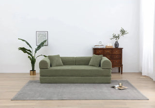 Convertible Sleeper Sofa Bed with Cylindrical Pillow - Corduroy Folding Mattress Couch with Fixed-Shape Frame for Living Room, Bedroom, Lounge, Studio - Light Green Dweva