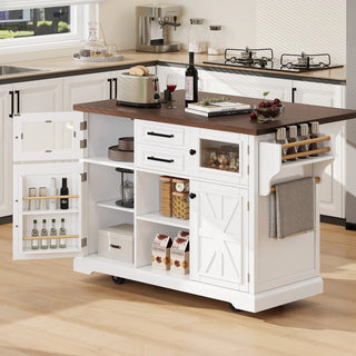 K&K 54.9" Kitchen Island with Drop Leaf, Power Outlet, Kitchen Storage Cart with 4 Door Shelves, Cross Barn Doors & Visual Glass Door, Rolling Kitchen Island on 4 Wheels for Kitchen, Dining Room,White Dweva