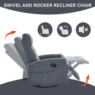 Manual Recliner Chair with Rocker and Swivel in Fabric for Living Room, Grey Dweva