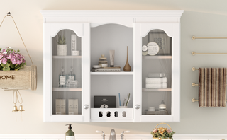 Wall Mounted Medicine Cabinet, Bathroom Wall Cabinet with 2 Glass Doors, Over The Toilet Space Saver Storage Cabinet with Ample Storage, White Dweva