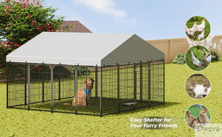 Large Dog Kennel Outdoor Pet Pens Dogs Run Enclosure Animal Hutch Metal Coop Fence with Roof Cover. 9.62'L x 9.35'W x 6.18'H. Dweva