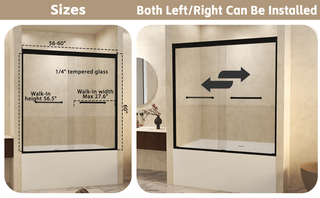 56-60" W × 60" H Tempered Glass with Explosion Proof Film, Aluminum Frame Double Sliding Shower Door, "1/4 (6 mm), Stainless Steel handle, Matte Black Dweva