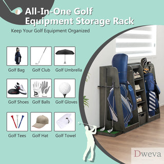 55.5''x16''x37''(LxWxH) Wooden Golf Bag Organizer and Storage Rack, High Quality Wooden 2 Golf Bag Rack with Drawers, Easy to Assemble Golf Club Holder/Stand with Club Holders on Side,Gray Dweva