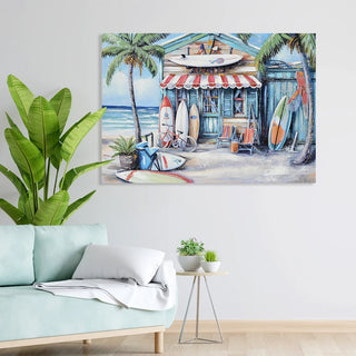 Blue Beach House Surfboard Coconut Tree Ocean Wall Art - Coastal Tropical Landscape Mural Print - Vibrant Seaside Decor for Living Room Bedroom Office decorative picture Dweva