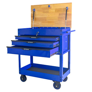 3 DRAWERS MULTIFUNCTIONAL TOOL CART WITH WHEELS AND WOODEN TOP-Blue Dweva