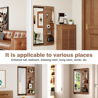 Wall Mounted Full Length Mirror, Full Body Mirror with Shelf, Full Body Mirror with Hook Wall Mounted Mirror with Multifunctional Design Panel, Bedroom/Living Room/Entrance Walnut (47.6*15.7in) Dweva