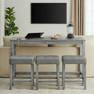 59 Inch Bar Table, Dining Table, Sofa Table with Power Outlet, 3 Upholstered Stools, 4 Piece Bar Table and Chair Set for Living Room, Dining Room, Kitchen Dweva