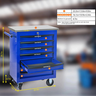 7 Drawers Multifunctional Tool Cart with Wheels,Metal Rolling Tool Cart Storage for Garage Workshop Warehouse Repair Shop--With Stainless Steel Roof- BLACK&BLUE Dweva