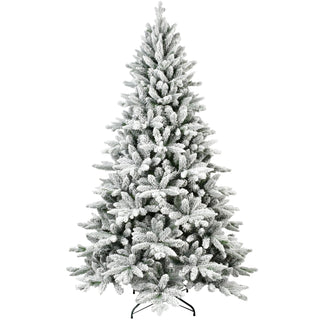 6ft Flocked Christmas Tree with 1100 Tips, Realistic PE+PVC Snowy Hinged Tree with Metal Stand, Full Artificial Xmas Tree for Holiday Decoration Dweva