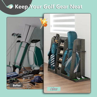 55.5''x16''x37''(LxWxH) Wooden Golf Bag Organizer and Storage Rack, High Quality Wooden 2 Golf Bag Rack with Drawers, Easy to Assemble Golf Club Holder/Stand with Club Holders on Side,Gray Dweva