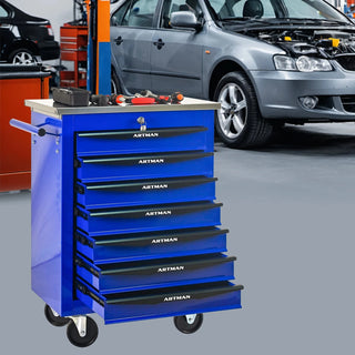 7 Drawers Multifunctional Tool Cart with Wheels,Metal Rolling Tool Cart Storage for Garage Workshop Warehouse Repair Shop--With Stainless Steel Roof- BLACK&BLUE Dweva