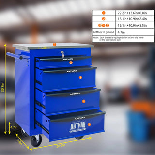 4 Drawers Multifunctional Tool Cart with Wheels,Metal Rolling Tool Cart Storage for Garage Workshop Warehouse Repair Shop--With Stainless Steel Roof- BLACK&BLUE Dweva