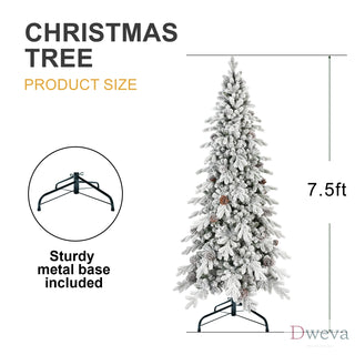 7.5 FT Flocked PE/PVC Christmas Tree with 40 Natural Pine Cones – 1424 Tips, Space-Saving Design, Hinged Branches, Stable Metal Stand, Realistic Snowy Look Dweva