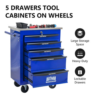 5 Drawers Multifunctional Tool Cart with Wheels,Metal Rolling Tool Cart Storage for Garage Workshop Warehouse Repair Shop--With Stainless Steel Roof- BLACK&BLUE Dweva