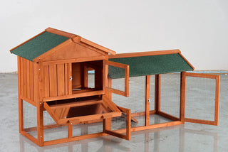 Large Wooden Rabbit Hutch, 2-Story Outdoor Bunny Cage with Waterproof Asphalt Roof, Pull-Out Tray & Ramp, Fir Wood Pet House for Rabbits, Chickens, Guinea Pigs (Brown & Green) Dweva