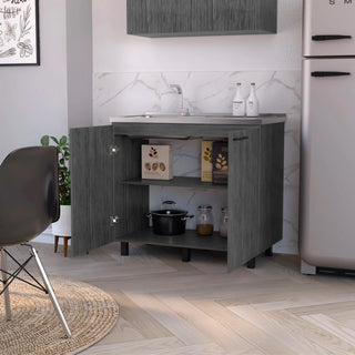 FM FURNITURE Oklahoma 2 Utility Sink & Cabinet, Interior Shelf, Stainless Steel Countertop ,Smokey Oak Dweva
