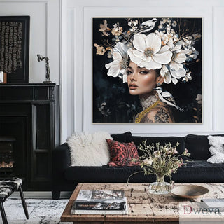 Floral Woman Canvas Wall Art Black and White Bird Tattoo Portrait Modern Aesthetic Artwork for Living Room Bedroom Office Art oil painting decorative picture Dweva