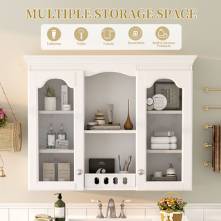 Wall Mounted Medicine Cabinet, Bathroom Wall Cabinet with 2 Glass Doors, Over The Toilet Space Saver Storage Cabinet with Ample Storage, White Dweva