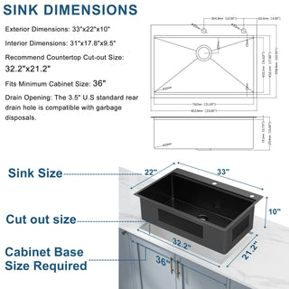 33 Inch Gunmetal Black Drop in Workstation kithchen Sink -33 "x 22" 16 Gauge Topmount Drop in Single Bowl Stainless Steel Kitchen Sink with Accessories Dweva